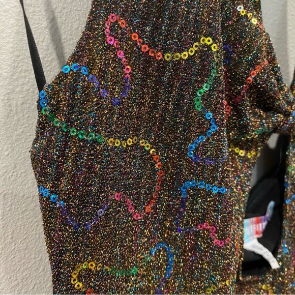 Urban Outfitters Sequin Glitter Gold Multicolor Halter Mini Dress Cut Out XS - Picture 7 of 8